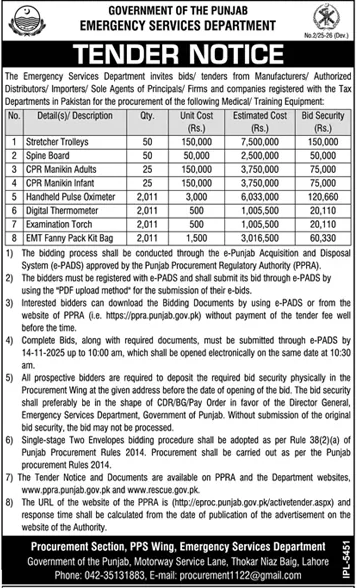 Emergency Services Department Lahore Tender Notice